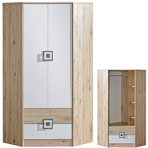 Furniture24 Eckkleiderschrank NICO 02, Eckschrank, Drehtürenschrank, Schrank mit 2 Schubfächern, 3 Einlegeboden und Kleiderstange (Hell Eiche/Weiß/Grau)