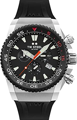 TW Steel ACE Diver Herren 44mm Quarzuhr mit schwarzem Zifferblatt, schwarzem Silikonarmband und Datumskalender ACE401