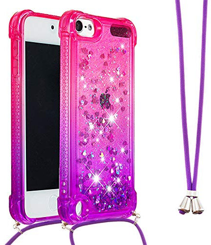 IMEIKONST Glitzer Handyhülle für iPod Touch 7 Hülle, Quicksand Fließende Flüssigkeit schwimmt Silikon Case mit Umhängeband Handykordel Band Kette für iPod Touch 5 / Touch 6 Pink Purple YB