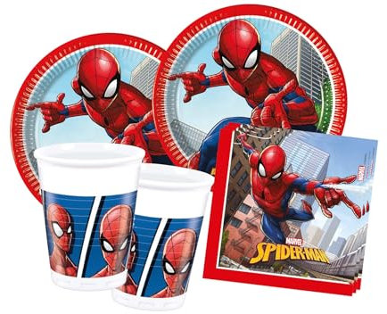 Isola Party Kit festa di compleanno Spider Man eco-friendly per 8 persone (8 piatti di carta ⌀ 23 cm, 8 bicchieri di plastica 200 ml, 20 tovaglioli di carta 33x33 cm)