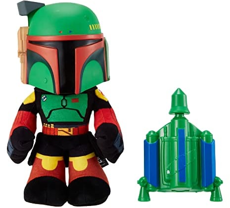 Star Wars Mattel Peluche Boba Fett 30 cm avec transformateur de voix et lance-roquette souple pneumatique, jouet pour enfant, HHW55