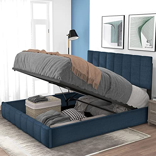 GGMWDSN Stauraumbett Hydraulisch Polsterbett Doppelbett Bett Schlafzimmerbett Kunstlederbett Bettrahmen Bettgestell Lattenrost Schwarz 140x200cm (Ohne Matratze),Blau