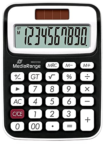 MediaRange kompakter Taschenrechner mit 10-stelligem LC-Display, Solar- und Batteriebetrieb, schwarz/weiß