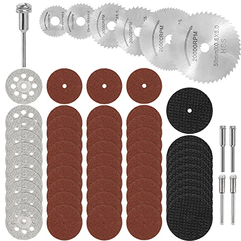 Mesee 60 Stück Mini Diamant Trennscheiben, HSS Kreissägeblatt Set, Trennscheiben Set mit 3mm Schaft Drehwerkzeug für Rotationswerkzeug Stanzschleifer, für Holz, Plastik, Fiberglas, Kupfer, Stein