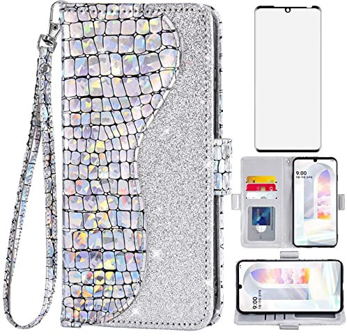 Asuwish Handyhülle für LG Velvet 5G/LGVelvet Verizon G5 UW T-Mobile 2020 Wallet Cover mit Displayschutzfolie und Handschlaufe Flip Card Holder Bling Glitter Cell LM G900UM 4G Tmobile Frauen Mädchen