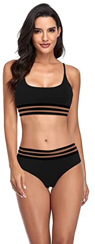 RPAEOY Damen Sexy Bikini Set Push Up Badeanzug High Waist Color Block Swimsuits Sport Streifen Bademode mit Gepolsterter Verstellbarer Riemen Zweiteiliger Strandbikini für Frauen Schwarz S