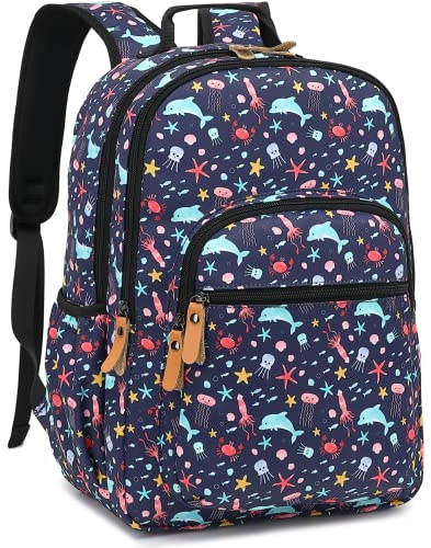 Leaper Stilvoller Schulrucksack für Mädchen und Damen, Laptop-Rucksack, wasserabweisend, Reisetasche, Schulranzen, College-Rucksack, Büchertasche, Dunkelblauer Delfin, Large-more layers-15.6,