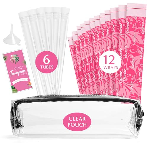 Tampon-Flaschen-Set, getarnte Getränkeröhrchen für Getränke, Schmuggel, Konzerte, Clubs, auslaufsichere Kunststoffröhrchen in Lebensmittelqualität, mit Verpackungen, durchsichtiger Hülle, 6 Tuben und