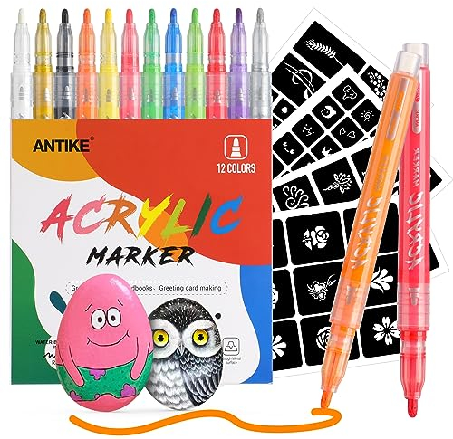 QUELLE Acrylstifte für Steine,12 Farben Steine Bemalen Stifte mit 4 Schablonen Acrylic Paint Marker Waschbare Acrylstifte für Holz,Leinwand,Glas,Metall,Kunststoff,Keramik ZYH2304001KIT