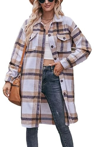 Veste Longue à Carreaux pour Femmes, Veste Longue en Flanelle Tartan boutonnée, Trench-Coat à Carreaux, vêtements d'extérieur