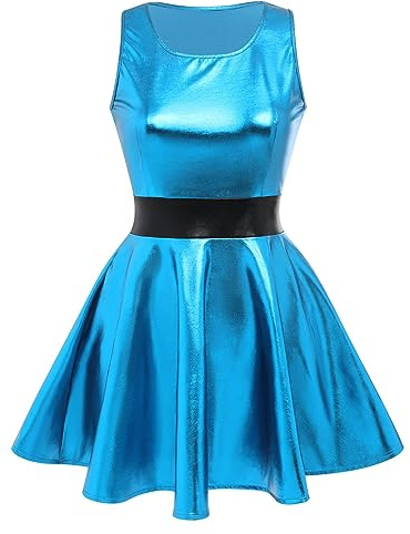 Odizli Damen Glitzer Metallic Holographic Ärmellos Skater Minikleid 80er 90er Jahre Dancewear