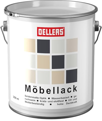 OELLERS Möbellack, RAL 9010 Reinweiß, 2,5 Liter, wasserbasierte seidenmatte Holzfarbe für innen & außen, kein Schleifen, Holzlack, Bunt Lack auch für Metall, Holz & Kunststoffe
