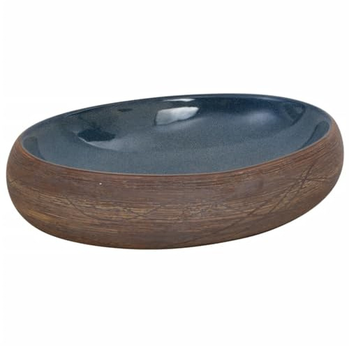 vidaXL Lavabo sobre Encimera Ovalado, Lavamanos de Tocador, Lavabo de Fregadero, Lavamanos sobre Encimera para Baño Aseo, Cerámica Marrón y Azul