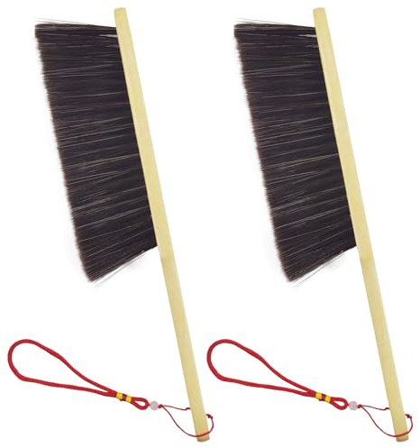 Lot de 2 balais à main en bois, brosses à poussière, brosses de banc, poils doux, brosse longue pour cheminée avec manche en bois pour le nettoyage des vêtements, des comptoirs, des lits, des canapés,