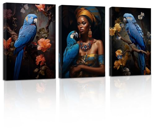 ZXHYWYM Afroamerikanische Bilder 3 Teilig Schwarze Frau mit blauem Papagei Gemälde Drucke Vintage Elegante Blume Leinwand Bild Mädchen Schlafzimmer Dekor (Bild-2, (30.00 x 40.00 cms x 3 Teilig))