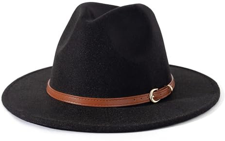 Männer Frauen Filz Top Hüte Fedora Panama Hüte Zylinder Mit Flacher Krempe Damen Französischer Filzhut Warmer Jazzhut Herren M (56-58Cm) Schwarzer Hut + Brauner Gürtel