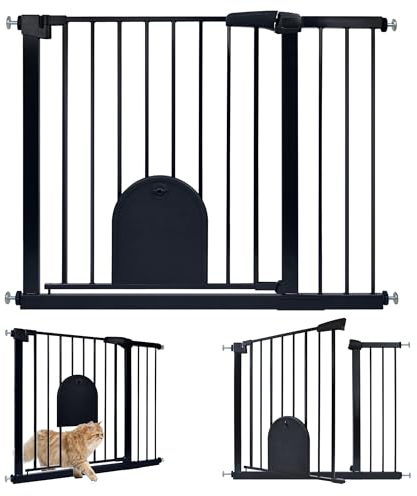 UISEBRT Treppenschutzgitter Türschutzgitter Ohne Bohren Treppengitter mit Katzentür Haustiertür, für Breiten 95-105 cm, Selbstschließend, Einhändiges Öffnen Metall Gitter, Schwarz