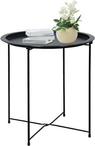 GREATOOL Mesa Auxiliar Redonda Mesa de Café y Té, 47 x 51cm, Bandeja de Metal, Mesita de Noche Mesita de Sofá para Sala de Estar Dormitorio Balcón Patio (Negro)