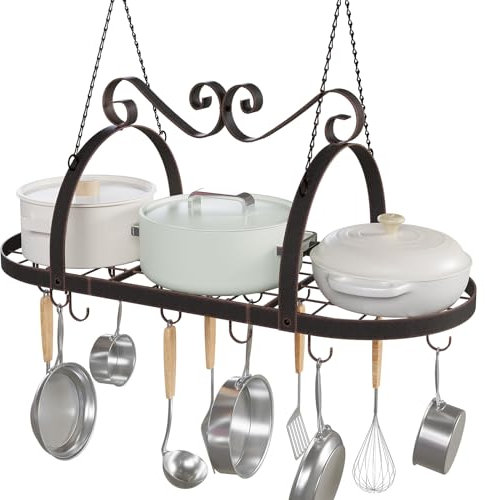TICKCACY Hanging Pot Rack Ceiling Mount, 33 Metal Ceiling Pan Hanging Rack with 15 S Hooks, Oval Pot and Pan Storage Rack, Decorative Vintage Brown Pot Hangers for Kitchen Organize Utensils Cookware