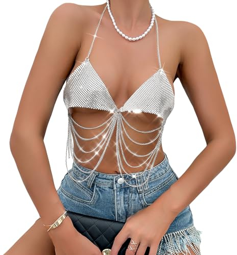 Frauen Pailletten-BH Quasten, Sterne Halsweste Sexy Bra Glitzerndes rückenfreies Oberteil Bauchtanz Kostüm mit Quasten Glitzer Dessous für Nachtclub, Bauchtanz, Boho, Latin Dance, Musikfestival