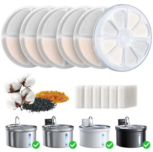FEELNEEDY 6pcs filtres de Rechange+1pcs boîtier de Filtre ABS+6pcs éponge Pompe à Eau pour Fontaine à Chat, filtres sains et hygiéniques pour Fontaine à Eau pour Animaux domestiques(FN-W08/W08L)