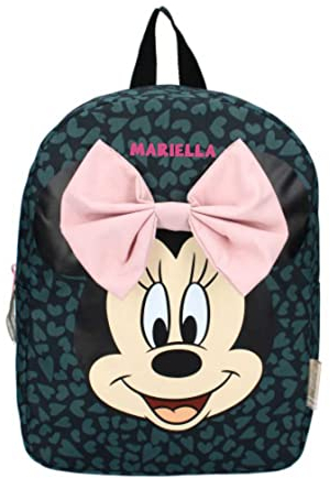 Personalisierter Kindergarten-Rucksack Disney Minnie Mouse mit Name Mädchen - Kleiner Rucksack Kinder Freizeitrucksack mit großer Schleife und Herzdesign - dunkelgrün