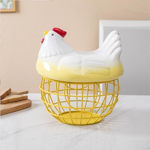Chicken Egg Basket, Wire Egg Collection Baskets with Ceramic Lid for Gathering Fresh Eggs, Ceramic Chicken Shaped Lid with Round Wire Basket Base and Handles (yellow)