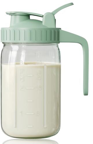 32 oz Breast Milk Pitcher, Glass Mason Jar Pitcher with Lid | Airtight, Leak Proof, Wide Mouth, Pour Spout Lid, Thick Glass, Fridge Safe, Ergonomic Handle, Easy to Clean