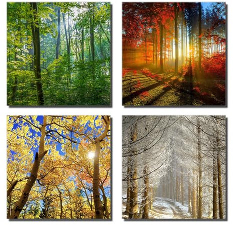 Kunstdruck auf Leinwand, Motiv: Frühling, Sommer, Herbst, Winter, vier Jahreszeiten, Bäume, Landschaft, Kunstwerk für Wohnzimmer, Schlafzimmer, Bauernhaus, Wanddekoration, gerahmt, 30,5 x 30,5 cm