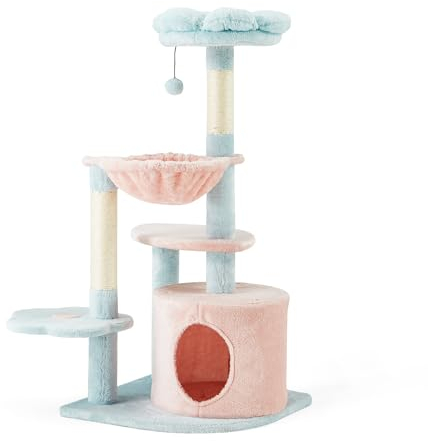 EROMMY Katzenbaum 110 cm Blumen Kratzbaum mit 1 Plüschball und Katzenspielzeug, Katzenkratzbaum Spielturm Sisal Katzenhaus Kratzsäule, Hängematte,Blau und Rosa