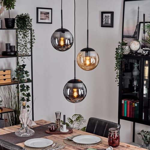HOFSTEIN Hängeleuchte Gastor, 3-flammige Hängelampe aus Metall/Glas in Schwarz/Bernstein/Rauch, moderne Pendelleuchte im Retro/Vintage-Design, Ø Schirme 20 cm, E27, Esszimmer, Küche, Wohnzimmer