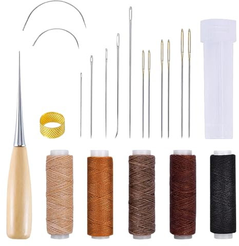21 Piezas Kit de Hilo Encerado para Cuero, Kit Costura Cuero, Incluye Hilo Encerado Agujas de Acero Punzón Dedal Botella de Aguja, Ideal para Restauración de Cuero, Reparación de Bolsos y Zapatos