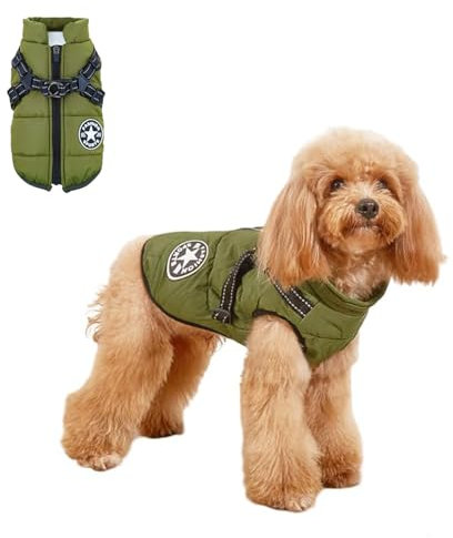 Liwein Hundemantel mit Geschirr, Wintermantel Hund, Winter Winddicht Wasserdicht kifahren Hundeweste, Welpen Winter Warme Jacke, Hundemantel mit Brustgurt Gurt für Kleine Hunde (L, Grün)