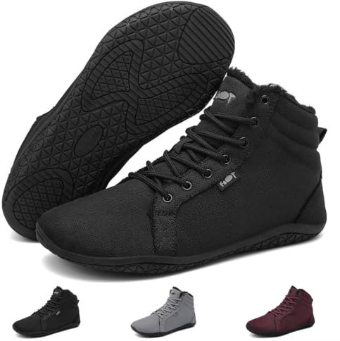 Wizshoe Barfußschuhe Herren Damen Winterschuhe Frühling Gefüttert Barfussstiefel Sneaker Breite Zehenbox Barfuß Schuhe Warm Outdoor Fitnessschuhe Minimalist Kurze Übergangsschuhe Schwarz A 38 EU