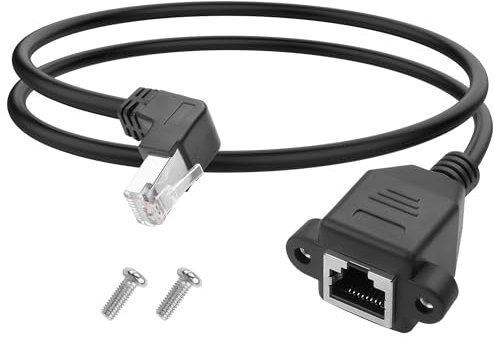 YACSEJAO Cat5e Cat5 Ethernet Extension Cable 90 Degree RJ45 Male to Female Shielded Ethernet Network Patch Cable with Panel Mounting Holes 60cm (Down Angle)