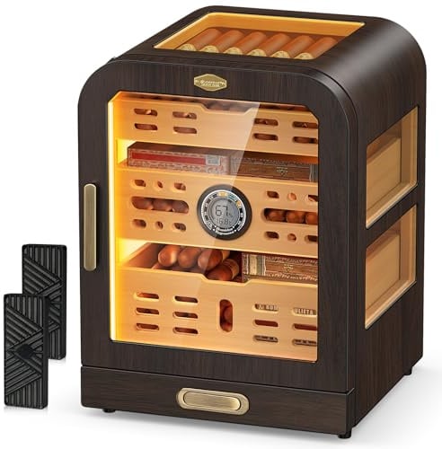 USEWIRE Cave à cigares, 3 fenêtres latérales, tiroir en bois de cèdre, avec système d'éclairage LED, thermomètre numérique et 2 humidificateurs à cigares, étui à cigares avec couvercle en verre pour