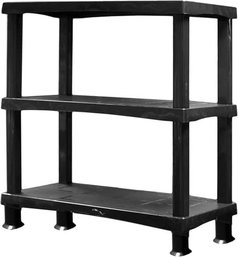 ALEEZ - 3 Tier Plastic Shelving Unit - Heavy Duty Storage Shelves - Storage Rack For Home, Garage, Shed, Warehouse - 25kg/55lbs Per Shelf - No Tools Required - Push Fit Assembly, Black (1, 3 Tier)