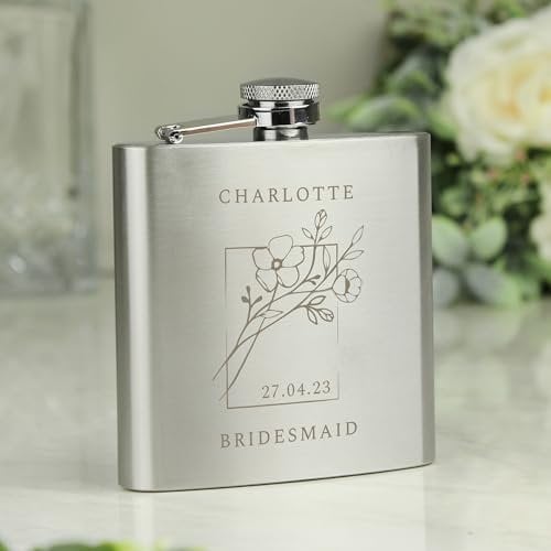 Custom Personalised Monochrome Floral Name Hip Flask - for Birthday, Mother's Day, Wedding, Hen Party