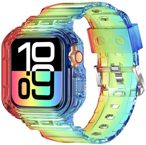 XYF Compatible for Crystal Clear Apple Watch Bands, 46mm Series 10 Bumper Case for Men Women Jelly Sport Cover Strap for iWatch Ultra 2/1 Series 10 9 8 7 SE 6 5 4 3 2 1 (Clear Rainbow, 46)