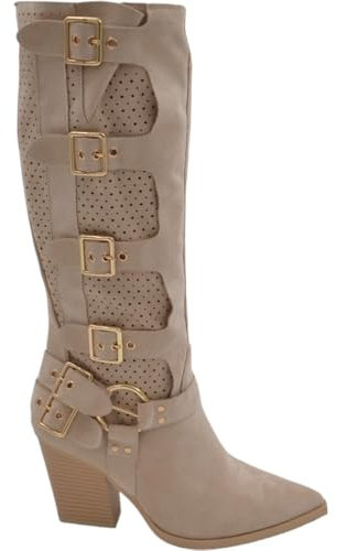 Stivali Donna camperos in camoscio Traforato Beige Tacco Western 6cm Legno Gambale con Fibbie Regolabili Zip Laterale (39 EU)