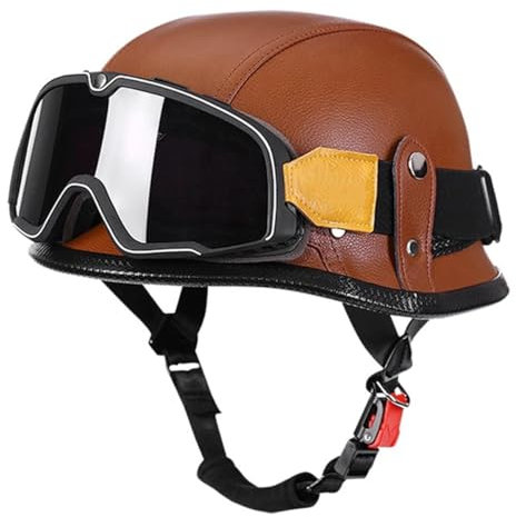 Casco Da Moto Jet Stile Vintage Caschi Cromwell Con Occhiali Mezzo Casco Da Motociclista Pelle Per Uomini E Donne Omologato ECEDOT Scooter Bicicletta Casco A Scodella 12,XXL:63-64CM