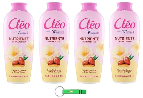 4x Cleo Bagnodoccia Duschgel mit Kamelien- und Argan - Weiche, Glatte und Samtige Haut - Körperreiniger 750ml + Beni Culinari Kostenloser Schlüsselanhänger