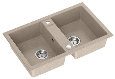 QUADRON Fregadero de cocina de granito, dimensiones: 78 x 48 x 17,5 cm, color: beige, DENZEL 120 Fregadero de cocina de un solo seno, fregadero de cocina de dos senos, con sifón manual