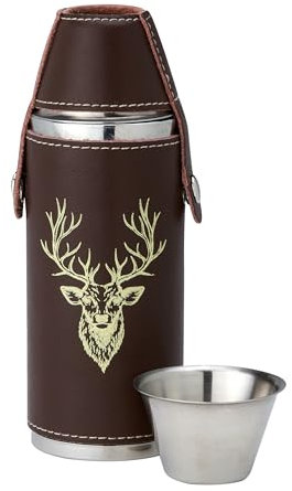8oz Brown Leather Hunting Hip Flask with stag's Head and Antlers Motif, 4 Cups & Free Funnel (3373)