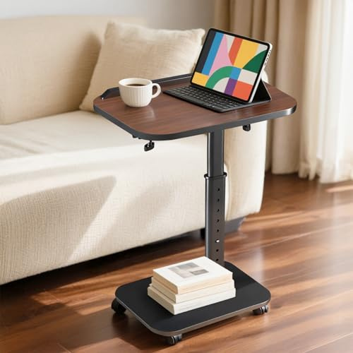C Shaped Side Table, Sofa TV Tray Tables Adjustable Height & 180° Flip-Over Panel Design, End Table with Phone/Tablet Slot & 4 Castor Wheels, Couch Tables for Small Spaces/Living Room/Bedroom/Sofa/Bed