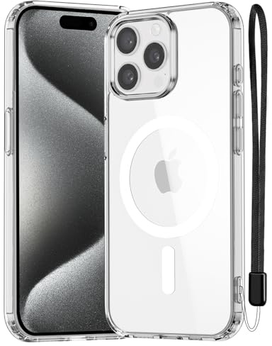 NEW'C Coque pour iPhone 15 Pro Max, Compatible avec MagSafe - Transparent | Coque + Cordon détachable, 6,7 pouces, Magnétique, Antichoc militaire, Fin