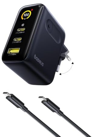 Baseus 100W Picogo USB-C Caricatore, Display Intelligente & Controllo Touch, Caricatore Rapido 3-in-1, Alimentatore USB-C GaN, Compatibile con MacBook, iPhone 17/16/15/14, Galaxy 25, Pixel