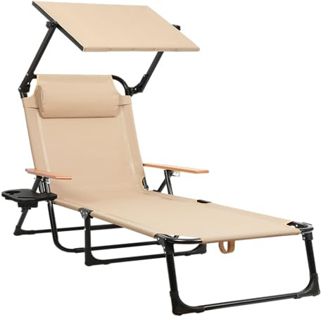 T-ZBDZ Sonnenliege Liegestuhl Klappbar mit Dach - Leicht Gartenliege 4-Fach Verstellbarer Rückenlehne, Strandliege inkl. Kopfkissen Getränkehalter, bis 150 kg für Garten Terrasse Strand Pool, Beige