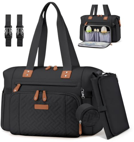 RAINSMORE Baby Changing Bags Nappy Changing Tote Bag with Changing Mat | Large Capacity Baby Bag for Mum and Dad Waterproof Diaper Bag with Pacifier Holder Insulated Pocket Stroller Straps Black
