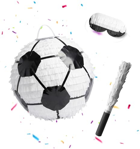 Relaxdays Pinata Fußball, Set mit Stab & Maske, Partypinata Kinder, Geburtstag, zum Befüllen, D: 25 cm, weiß-schwarz